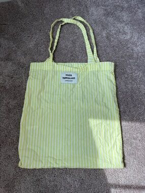 Mads Norgaard lime/yellow and White Striped Canvas cotton Tote Bag